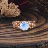 Romantic Round Cut Nature-Inspired Leaf Moonstone Engagement Ring for Women